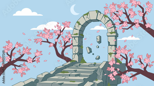 Ancient stone archway with blooming cherry trees.