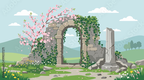 Ancient stone archway ruins covered in ivy and blooming cherry blossoms.