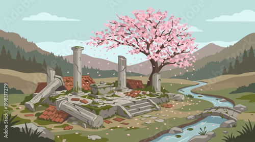 Ancient stone ruins with a blooming cherry blossom tree in a peaceful valley.