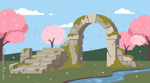 Ancient Stone Archway With Crumbling Steps.