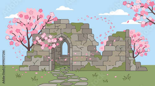 Ancient Stone Ruins with Arched Window and Cherry Blossom Trees Illustration.