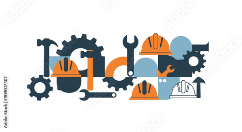Conceptual illustration depicting a vibrant arrangement of essential construction and engineering tools with hard hats and gears, symbolizing teamwork, progress, and industrial development