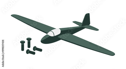 Dark green toy glider airplane model with assembly screws.