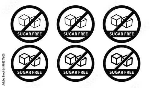 Six identical black and white sugar-free icons, each displaying crossed-out sugar cubes and the text 'SUGAR FREE'.