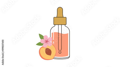 Peach essential oil dropper bottle with fruit and flower illustration.