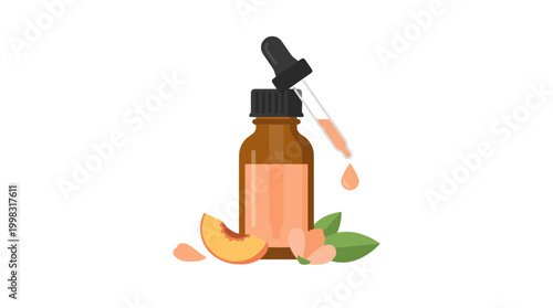 Peach Essential Oil in Amber Glass Dropper Bottle with Fruit Slices.