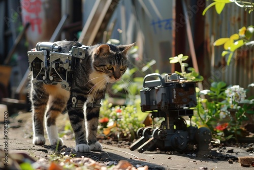 Cat exploring industrial area with mechanical device attached