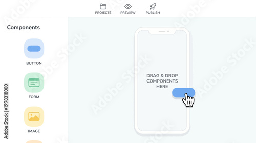 A user interface design tool showing a button component being dragged onto a smartphone mockup for app development.