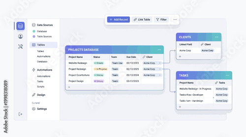 Software interface displaying a project management dashboard with linked data tables and a navigation menu.