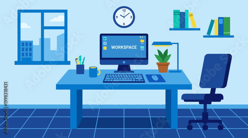 A modern workspace with computer and office supplies.