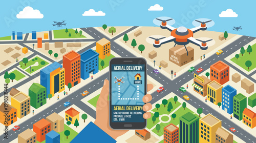 Aerial view of city with drone and smartphone.