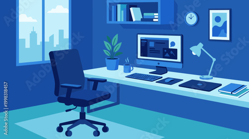 A blue office interior with desk and chair.