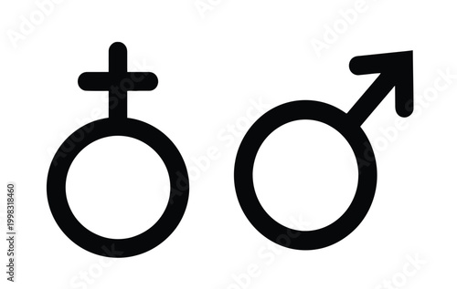 Black silhouettes of the universal female and male gender symbols side by side on a white background.