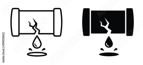 Iconic representation of a cracked pipe with water leaking, illustrating plumbing issues and damage.