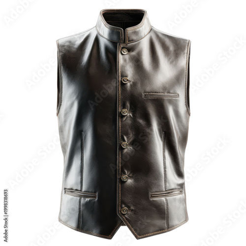 A sleek black leather mandarin collar waistcoat for men. on transparent background