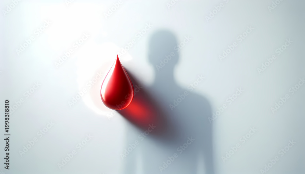 Fototapeta premium A minimalist white background with a single glossy red blood drop centered, casting a soft shadow forming a human silhouette, perfect for World Blood Donor Day or blood donation campaigns