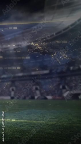 Vertical video: Frame start globe drifting right over pitch while HUD flashing showing match feed