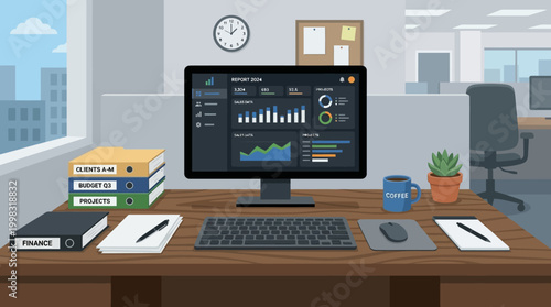 Office workspace with computer and paperwork.