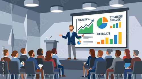 Businessman giving presentation to audience.