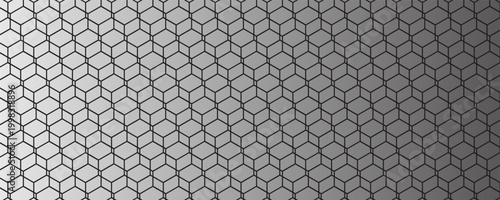 Dark grey abstract wide horizontal banner with hexagon carbon fiber grid and orange luminous lines. Technology vector background with orange neon lines