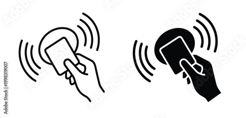 Obraz na płótnie Two icons depicting a hand holding a credit card near a contactless reader with wireless signal waves, one in outline and one in solid black