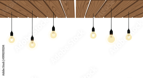 A collection of illuminated pendant bulbs hangs from a slatted wooden ceiling featuring natural grain textures in a minimalist architectural interior design graphic illustration.