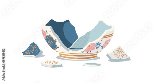 A broken ceramic bowl featuring delicate pink floral motifs and gold trim lies in pieces with scattered shards surrounding the central fragment on a white background.