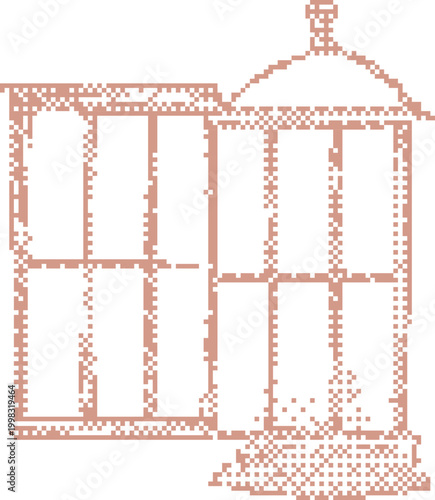 Vintage gazebo structure with detailed window panes against a soft diffused light background