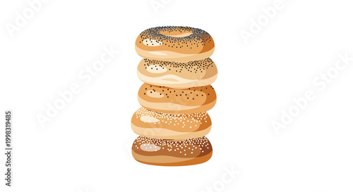 A vertical stack of five varied bagels with different toppings sits on a plain white surface in a bright studio environment with clean highlights and neutral warm color tones.