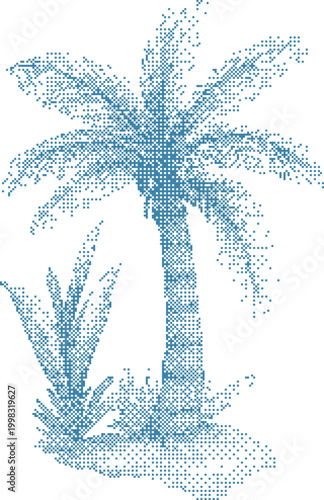 Palm tree and tropical foliage rendered in a blue pixel art style on a white background