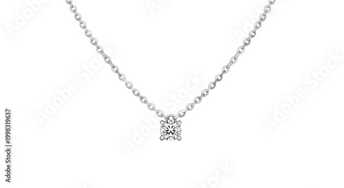 A delicate silver chain necklace features a single brilliant cut diamond pendant centered against a clean and bright white background for jewelry retail photography display.