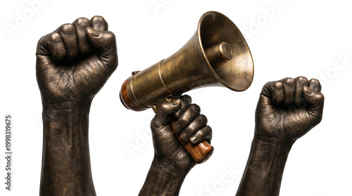 Protest concept: bronze fists raised and holding a vintage megaphone against a white background.