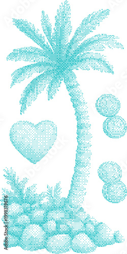 Palm tree with heart and circles in turquoise pointillism against white background