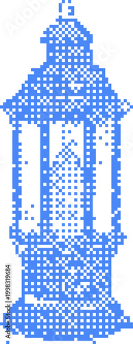 Pixelated Islamic lantern with intricate details on a white background