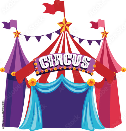Circus tent and entrance with flags bunting and colorful decorations vibrant scene for entertainment show festive atmosphere carnival fun outdoor event.