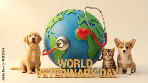 World Veterinary Day: Globe with Stethoscope, Golden Retriever, Corgi, and Kitten on Neutral Background