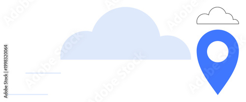 Cloud storage, geolocation services, technology networks, data sharing, navigation, online storage. A large cloud shape with a location pin marker. Cloud storage and geolocation concept