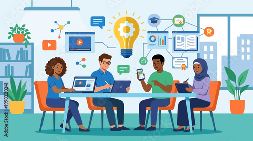 Diverse group of people brainstorming ideas.