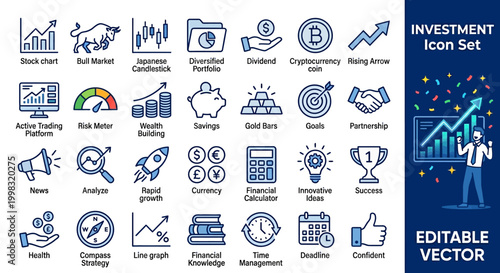 Mega Pack Icon Set Vector Investment and stock market, cryptocurrency trading and financial analysis flat line illustrations