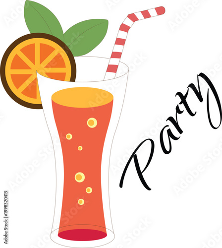 Tropical party cocktail glass with red liquid and orange slice garnish plus mint leaves and striped straw for summer beverage promotion and holiday refreshment graphic illustration.