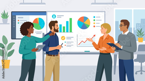 Business people analyzing data on whiteboard.