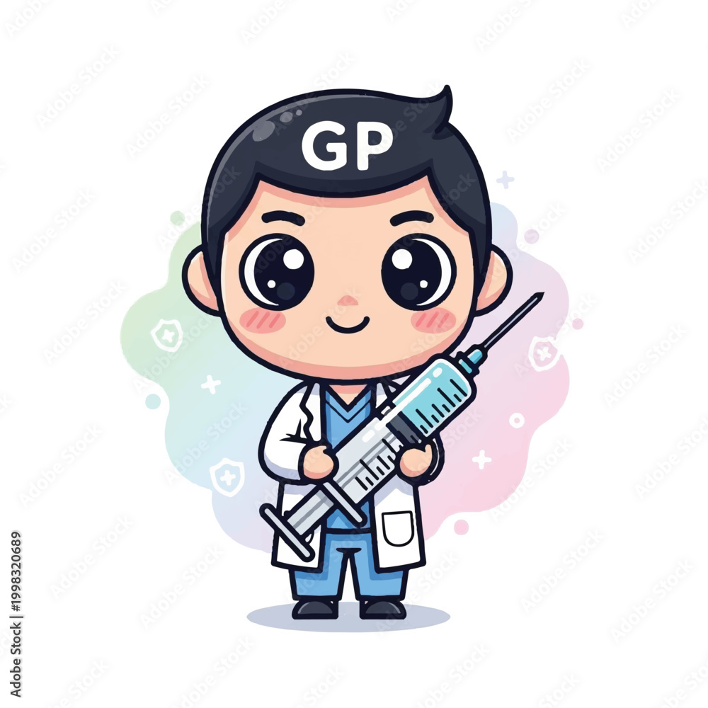 Fototapeta premium Cartoon doctor holding large syringe.