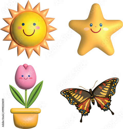 Cheerful nursery characters set includes smiling sun yellow star pink tulip flower in orange pot and realistic monarch butterfly all rendered in soft rounded three dimensional style.