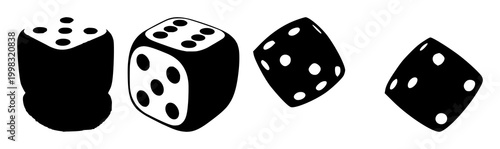 Black silhouette, white background: dice set with simple line art design featuring simple design, minimalist, black and white with illustrations and graphics