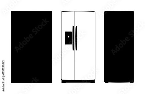 Refrigerator set with black silhouette on white background featuring appliance, kitchen, household with cooling and storage.