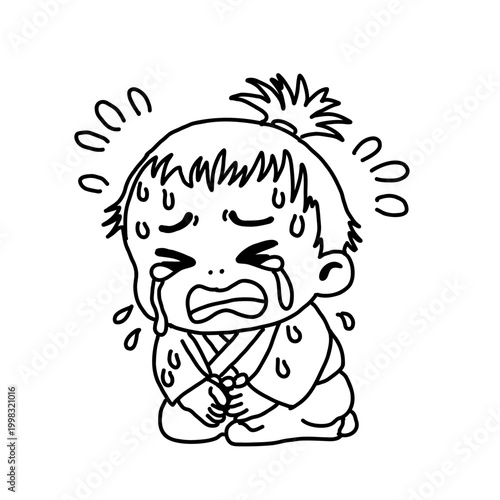 Crying child in kimono line art coloring page emotional illustration