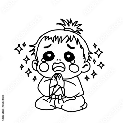 Illustration of a cute baby samurai begging with hands together, crying face