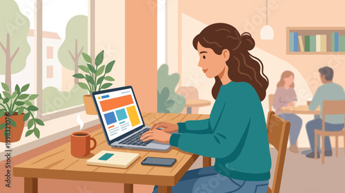 woman working on laptop at coffee shop.