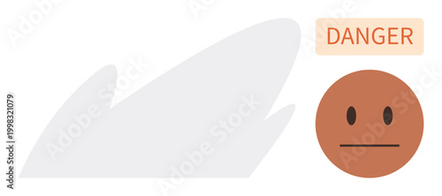 Danger, warnings, life-threatening risks, alert systems, ocean safety, fear response. Shark silhouette with a concerned face and danger label. Danger and warnings concept