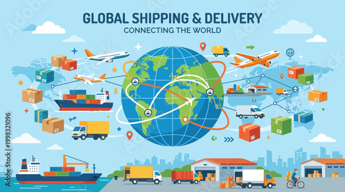 Global shipping and delivery concept with various transportation modes.